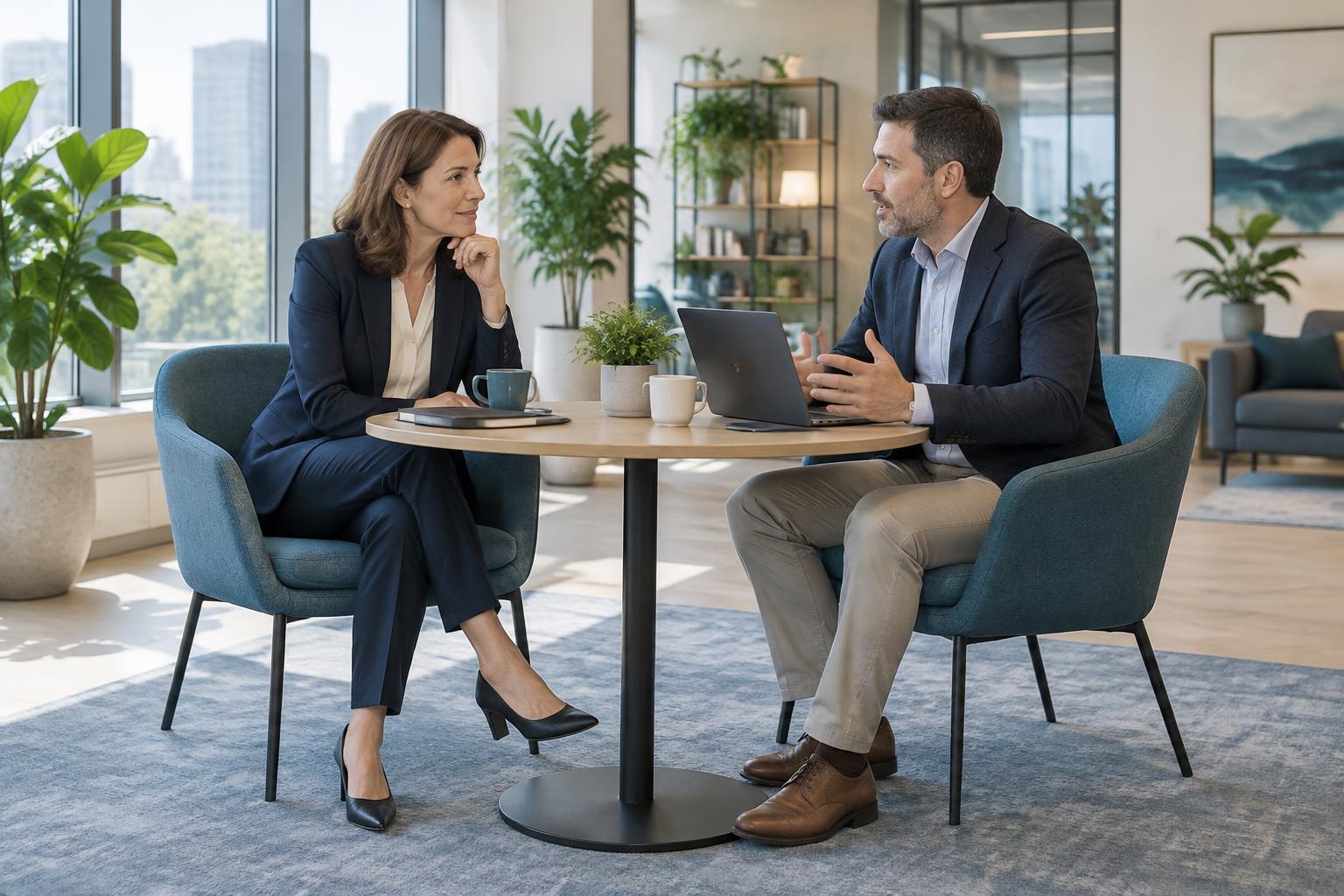 Une dirigeante échange avec un consultant autour d’une petite table ronde