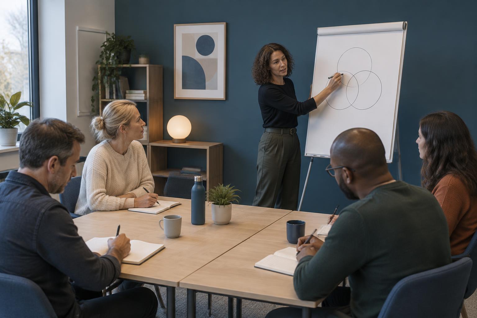 Une formatrice dessine des cercles sur un tableau devant des participants qui prennent des notes