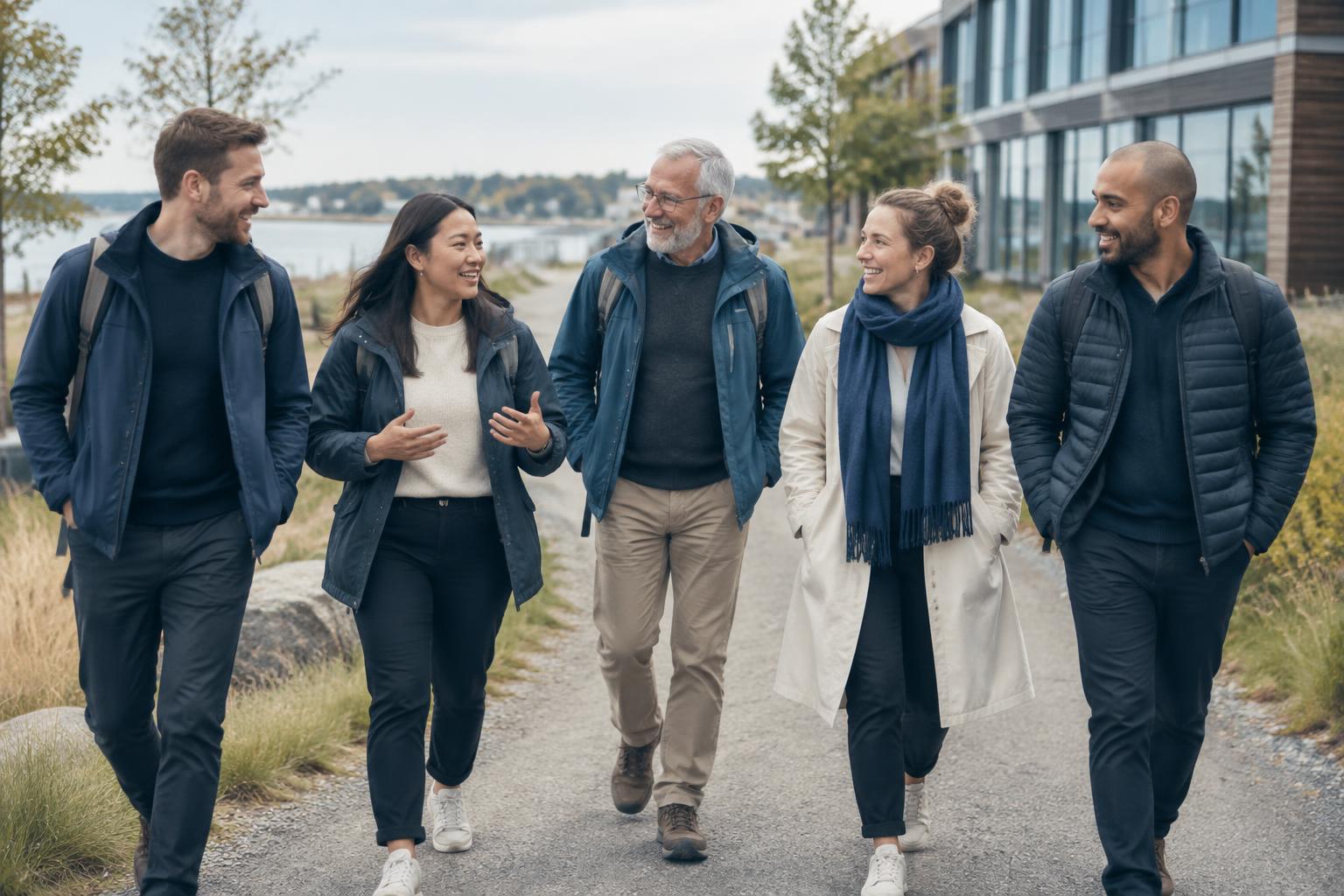 Une équipe marche et discute ensemble sur un chemin près de son lieu de travail