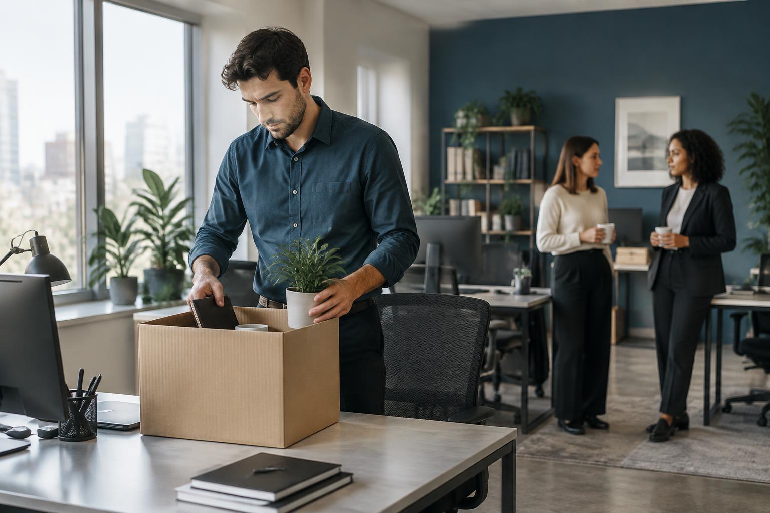 Un salarié range ses affaires dans un carton pendant que deux collègues discutent au fond du bureau